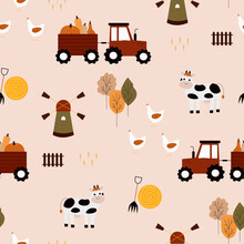 Cute Cartoon Farm Seamless Pattern. Hand Drawn Creative Print Domestic Animals. Village Landscape. Baby Design With Vector Cow, Chicken, Tractor With Trailer, Mill, Pumpkin, Haystack. Autum Harvest