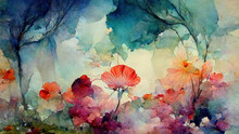 Beautiful, Colorful, Abstract Art. Watercolor Background With Flowers And Plants.