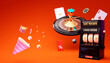 Leinwandbild Motiv Online casino. 3D roulette with slot machine on orange background. Festive cracker with a stars, gold balloons and confetti, flying coupons.. 3d rendering illustration.