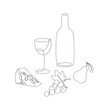 One line sketchy illustration of wine glass, wine bottle, cheese, grapes and a pear. Design elements for post card, menu, wine shop, poster prints