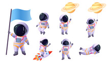 Set Of Cartoon Astronauts In Various Poses. Vector Illustration.
