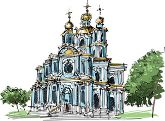 Wall Mural - Old Orthodox Cathedral - hand-drawn sketch