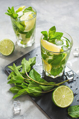 Wall Mural - Refreshing summer alcoholic cocktail mojito with ice, fresh mint and lime