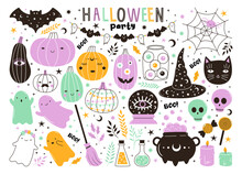 Vector Collection Of Cute Pastel Halloween Doodles. Hand Drawn Magic Characters For Kids. Bat, Pumpkin, Ghost, Witch Hat, Cauldron, Skull Elements For Autumn Card, Poster, Invitation Design