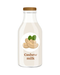 Wall Mural - Vegan cashew nut milk in glass bottle, alternative non dairy drink, vector Illustration on white background