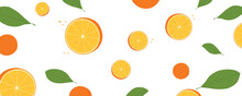 Oranges With Green Leaves Isolated. Flying Slices Of Oranges. Vector For Advertising.