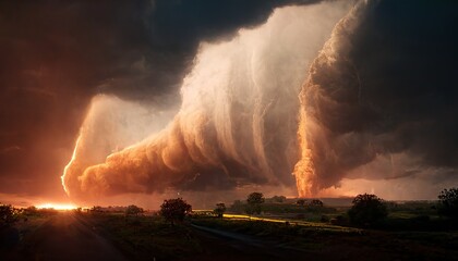 Aufkleber - A dramatic colorful storm creating a powerful tornado sweeping through the dense countryside with lightning. Stormy sky with dramatic clouds. 3D illustration