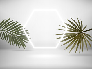 Poster - Bright interior with white neon light and tropical leaves