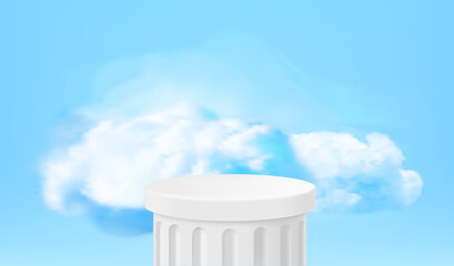Poster - Empty white column podium with clouds. 3d vector showcase