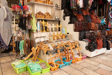 Jerusalem - Israel. Souvenir Shop At Christian Quarter Of Jerusalem Old Town. Souvenir And Leather Bag Shop.