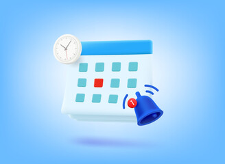 Poster - Agenda concept with calendar, bell and clock. 3d vector illustration