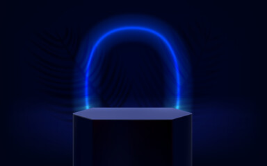 Poster - Dark blue room with glowing stage and neon oval light