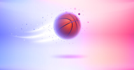 Poster - Neon glowing flying basketball ball. 3d vector banner with copy space