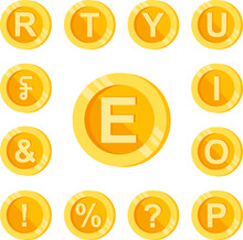E, Letter, Coin Color Icon In A Collection With Other Items