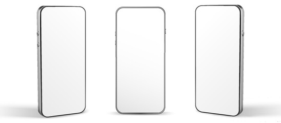 Smartphone screen device rotated positions isolated templates. App concept preview mockup with blank screen display different angels frame. Cell business realistic preview.