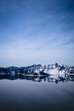 Tranquil Smooth Crater Lake In Winter Including Wizard Island
