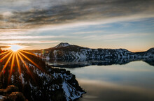 Tranquil Crater Lake National Park, Oregon In Winter At Sunset