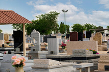 Modern Gravestones At A Public Jewish Cemetery In Israel On A Sunny Day. Memory Stones On Judaic Graves, Tradition. Tombstone On The Necropolis. Jewish Headstone, Dramatic Background. Space For Text