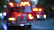 Out Of Focus Scene Of Emergency Vehicles With Flashing Lights Working An Active Fire In Early Morning Light