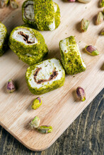 Soft Turkish Delight Confection With Pistachio Nuts And Chocolate