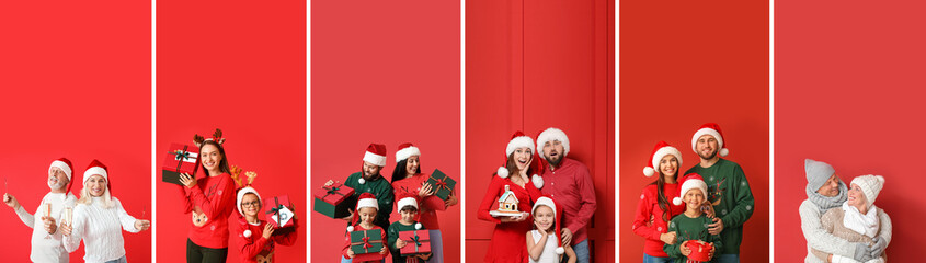 Sticker - Collage of happy families on Christmas eve against red background