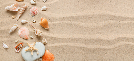 Wall Mural - Different sea shells on beach sand. Banner for design