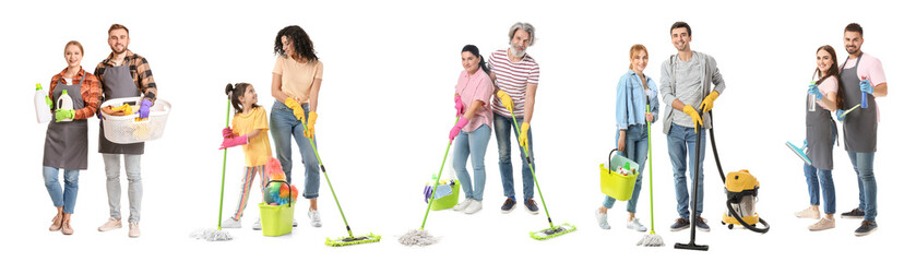 Wall Mural - Set of people with cleaning supplies on white background