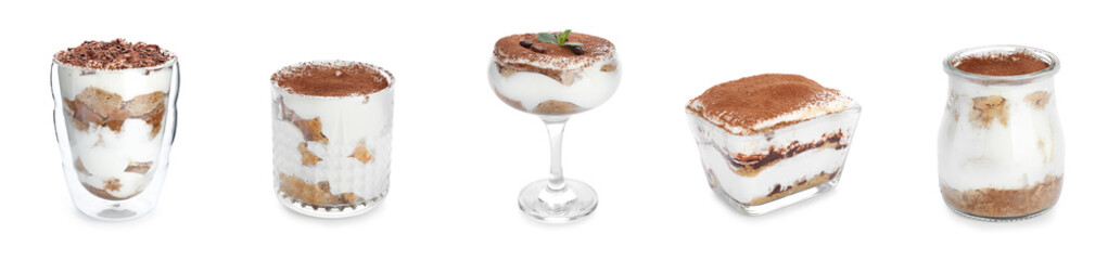 Collection of tasty tiramisu dessert on white background