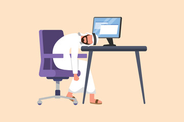 Wall Mural - Business design drawing depressed Arabian businessman sitting with head on computer desk. Exhausted manager in office. Frustrated worker mental health problems. Flat cartoon style vector illustration