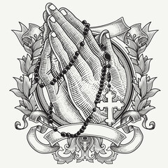 Poster - praying hands with a rosary necklace and floral heraldic ornament
