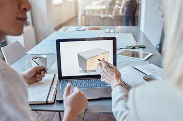 Poster - Architect, design engineer or contractor pointing to a 3d digital model on a laptop screen, discussing a plan or idea with a colleague in a meeting. Two business people talking about a work project