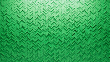 Green, Futuristic Wall Background With Tiles. Herringbone, Tile Wallpaper With Polished, 3D Blocks. 3D Render