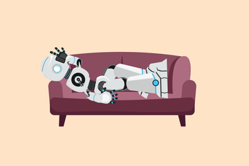 Sticker - Business design drawing depressed robot tired rest on sofa. Frustrated worker holding head lying on sofa. Future technology development. Artificial intelligence. Flat cartoon style vector illustration