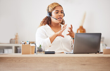 Aufkleber - Female call center agent talking on headset while doing a video or zoom call and working in an office. Businesswoman consulting and explaining while on a call for customer sales and service support