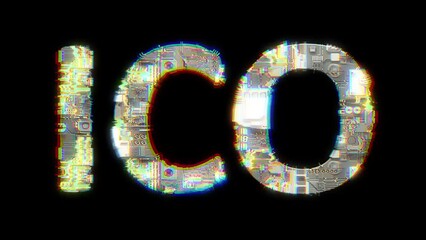Poster - glitch style cybernetic animated text ICO on black bg, isolated - loop video