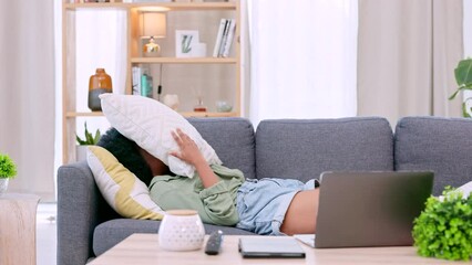 Canvas Print - Stressed, tired and frustrated student typing on a laptop, finishing and completing university homework on technology. Burnout, bored and irritated distance learning woman covering face with a pillow