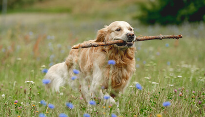 Sticker - Cute dog running with stick