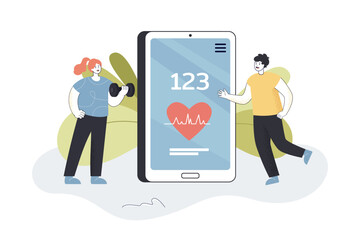 Man and woman using training app on huge phone. Smartphone interface with heart rate flat vector illustration. Healthy lifestyle, fitness concept for banner, website design or landing web page