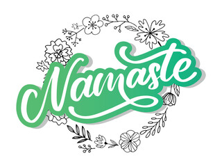 Sticker - Namaste lettering Indian greeting, Hello in Hindi T shirt hand lettered calligraphic design. Inspirational vector typography.