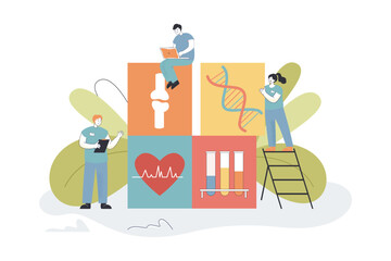 Wall Mural - tiny cartoon doctors with different medical symbols. male and female nurses with bone, dna, test tub