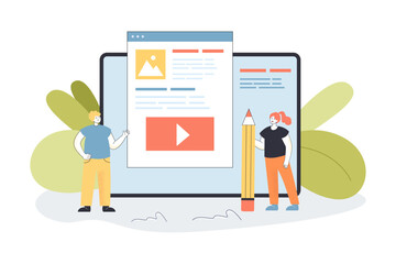 Wall Mural - tiny cartoon content creators making blog together. man and woman with huge pencil making page flat 