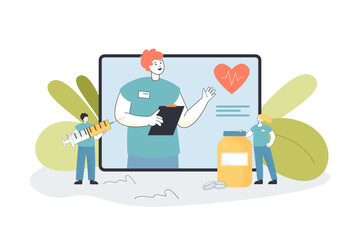 Poster - Doctor on computer screen flat vector illustration. Online medical consultation Medicine, healthcare, conference concept for banner, website design or landing web page