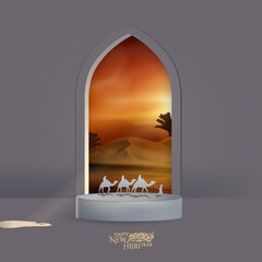 Wall Mural - Happy new hijri year islamic with arabian traveler and landscape arabian