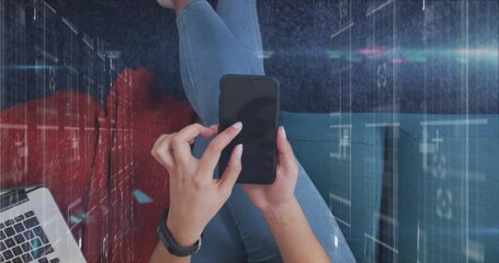 Poster - Animation of spot of light and data processing against overhead view of a woman using smartphone