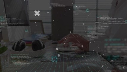 Poster - Animation of data processing against mid section of businessman using computer at office