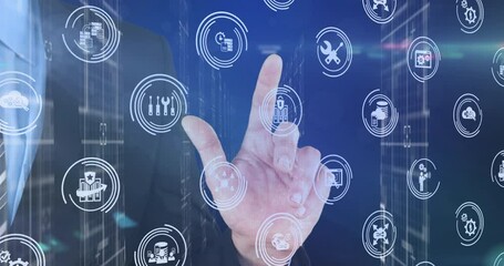 Poster - Animation of multiple digital icons over mid section of businessman touching invisible screen