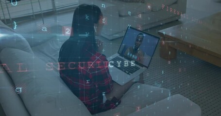 Poster - Animation of cyber security data processing over african american woman having a videocall on laptop