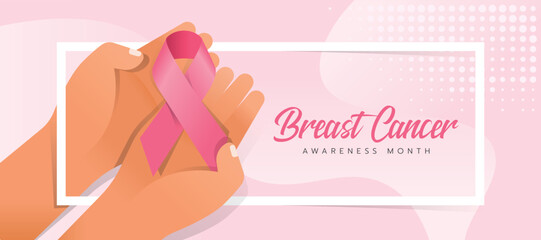 Wall Mural - breast cancer awareness month banner with hands hold pink ribbon sign in white frame on abstract cur