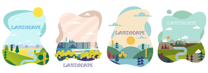 Abstract landscapes set. Banner with polygonal mountains landscape illustrations. Minimalist style frames. Hiking. Trip. Travel concept of discovering, exploring, and observing nature. Flat design. 