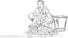 Sketch Drawing Of Indian Young Woman Washing Clothes In Village, Line Art Illustration Vector Drawing Of Indian Village Woman Washing Clothes Near Village Lake, Silhouette Of Indian Girl Washing Cloth